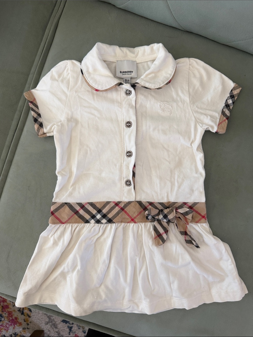 Burberry White Girls Polo Dress with Beige Check Waistband